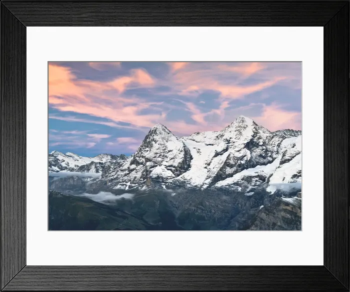 Framed Print : Majestic mountains Eiger and Monch under pink clouds at sunset, Murren Birg Framed Print : Majestic mountains Eiger and Monch under pink clouds at sunset, Murren Birg