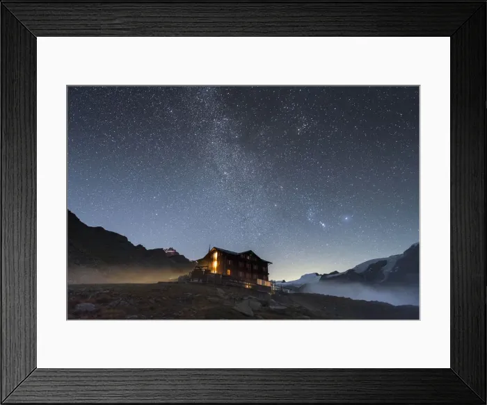 Framed Print : Illuminated mountain hut hotel under the stars, Fluhalp, Zermatt, Valais Canton Framed Print : Illuminated mountain hut hotel under the stars, Fluhalp, Zermatt, Valais Canton