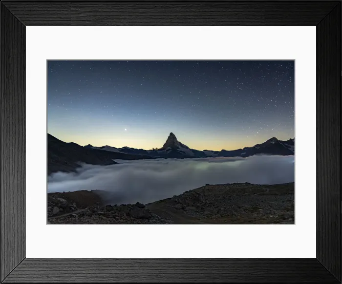 Framed Print : Starry night over Matterhorn in the mist, Zermatt, Valais Canton, Swiss Alps, Switzerland
