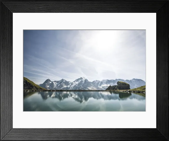 Framed Print : Eiger, Monch and Jungfrau peaks reflected in the unspoiled Engital lake, Murren Birg Framed Print : Eiger, Monch and Jungfrau peaks reflected in the unspoiled Engital lake, Murren Birg