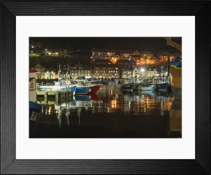 Framed Print : Fishing boats moored in Whitby harbour at night, Whitby, North Yorkshire, England Framed Print : Fishing boats moored in Whitby harbour at night, Whitby, North Yorkshire, England