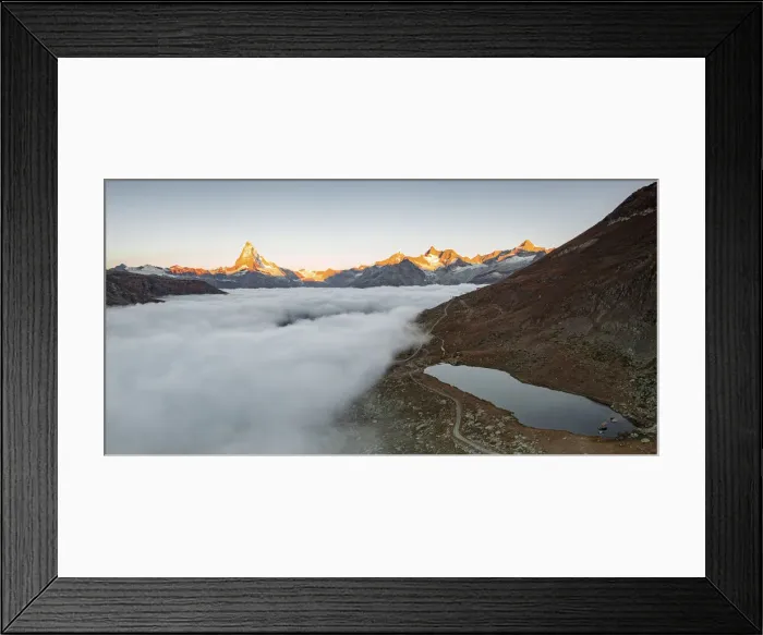 Framed Print : Matterhorn, Dent Blanche, Wellenkuppe and Zinalrothorn peaks in fog from Stellisee lake Framed Print : Matterhorn, Dent Blanche, Wellenkuppe and Zinalrothorn peaks in fog from Stellisee lake