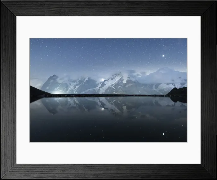 Framed Print : Engital lake under the starry sky with Eiger, Monch and Jungfrau mountains in Framed Print : Engital lake under the starry sky with Eiger, Monch and Jungfrau mountains in