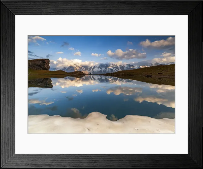 Framed Print : Silhouette of man with backpack admiring sunset at Grauseeli Lake, Murren Birg Framed Print : Silhouette of man with backpack admiring sunset at Grauseeli Lake, Murren Birg