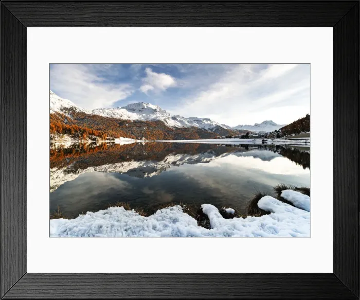 Framed Print : Sunset over Piz Da La Margna and Piz Corvatsch peaks reflected in lake Champfer during a