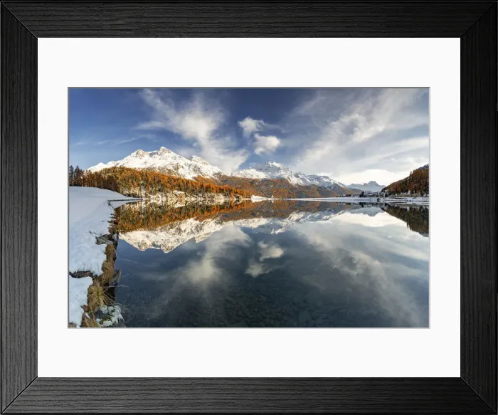Framed Print : Autumn woods and snowcapped mountains mirrored in the clear water of Champfer lake Framed Print : Autumn woods and snowcapped mountains mirrored in the clear water of Champfer lake