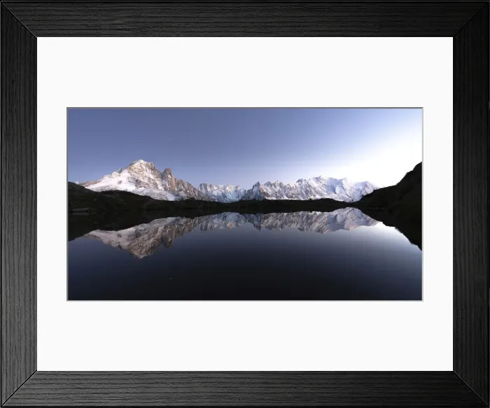 Framed Print : Snowy peaks of Mont Blanc massif mirrored in the clear water of Lacs de Cheserys at dusk Framed Print : Snowy peaks of Mont Blanc massif mirrored in the clear water of Lacs de Cheserys at dusk