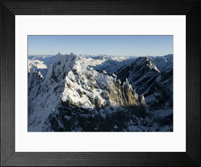 Framed Print : Aerial view of rock pinnacles of majestic Sciora di Dentro mountain, Val Bregaglia