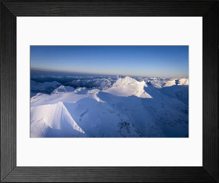 Framed Print : Dramatic sky at dawn on the snowcapped Piz Palu, Bellavista, Piz Zupo and Monte Disgrazia