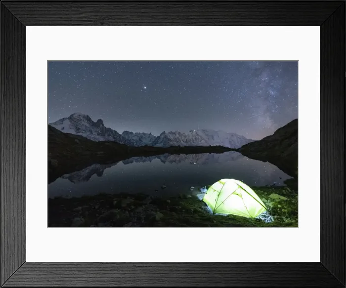 Framed Print : Illuminated tent under the stars at Lacs des Cheserys with Mont Blanc massif reflected in Framed Print : Illuminated tent under the stars at Lacs des Cheserys with Mont Blanc massif reflected in
