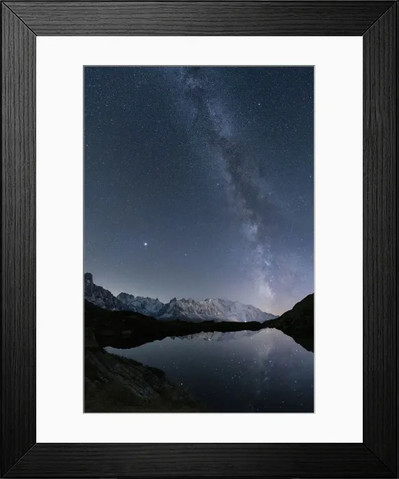 Framed Print : Milky Way in the starry sky over Mont Blanc and Grandes Jorasses view from Lacs de Framed Print : Milky Way in the starry sky over Mont Blanc and Grandes Jorasses view from Lacs de