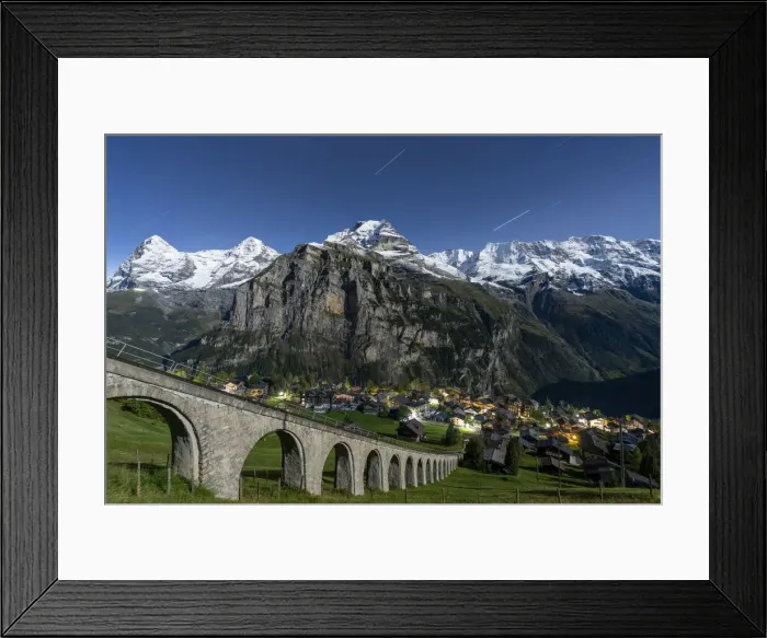 Framed Print : Alpine village of Murren and funicular railway lit by star trail, Lauterbrunnen Framed Print : Alpine village of Murren and funicular railway lit by star trail, Lauterbrunnen