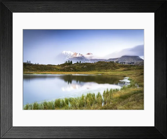 Framed Print : Mist on Fletschhorn and Galehorn mountains reflected in Hopschusee lake at dawn Framed Print : Mist on Fletschhorn and Galehorn mountains reflected in Hopschusee lake at dawn