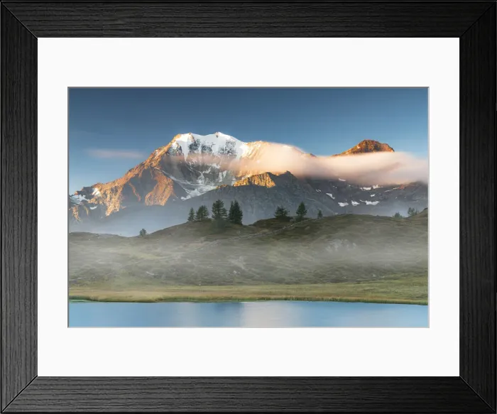 Framed Print : Majestic Fletschhorn and Galehorn peaks in autumn fog at dawn from Hopschusee lake Framed Print : Majestic Fletschhorn and Galehorn peaks in autumn fog at dawn from Hopschusee lake