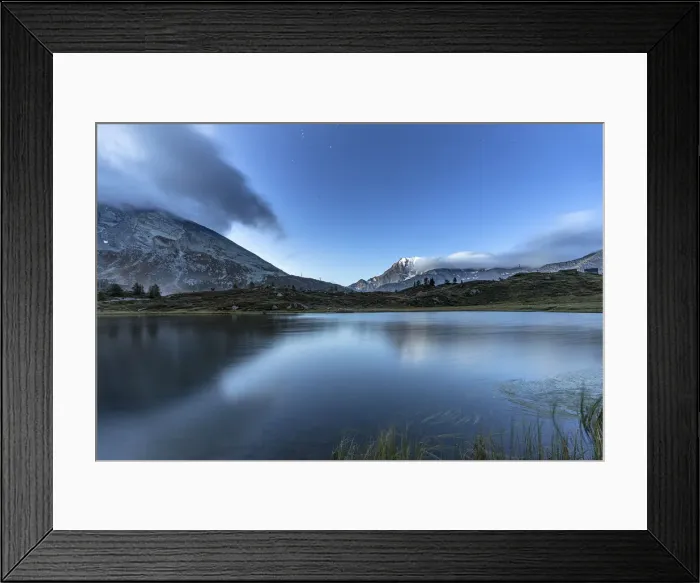 Framed Print : Fletschhorn mountain peak reflected in the pristine water of Hopschusee lake at dusk Framed Print : Fletschhorn mountain peak reflected in the pristine water of Hopschusee lake at dusk