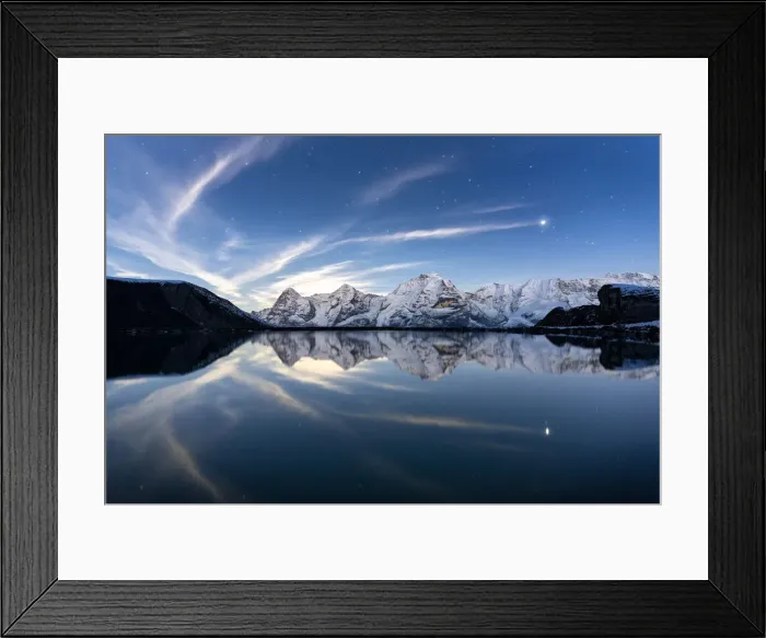 Framed Print : Eiger, Monch and Jungfrau mountains mirrored in Engital lake under the stars, Murren Birg