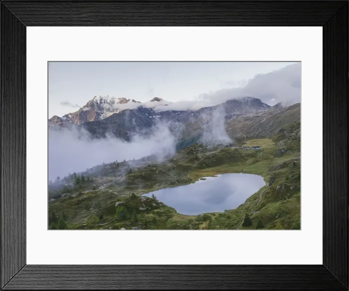 Framed Print : Aerial view of Hopschusee lake with Fletschhorn and Galehorn peaks in mist at sunrise Framed Print : Aerial view of Hopschusee lake with Fletschhorn and Galehorn peaks in mist at sunrise