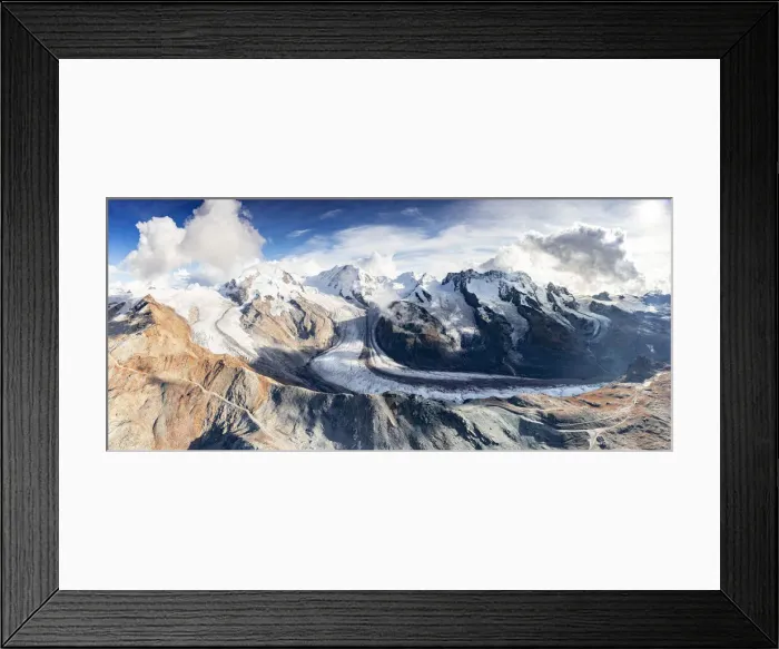 Framed Print : Aerial panoramic view of Gorner Glacier, Lyskamm, Monte Rosa, Castor and Pollux mountains Framed Print : Aerial panoramic view of Gorner Glacier, Lyskamm, Monte Rosa, Castor and Pollux mountains