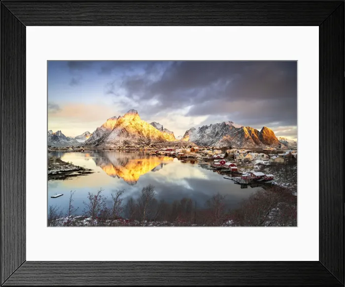 Framed Print : Dramatic sky at dawn over Mount Olstind covered with snow, Reine Bay, Nordland Framed Print : Dramatic sky at dawn over Mount Olstind covered with snow, Reine Bay, Nordland