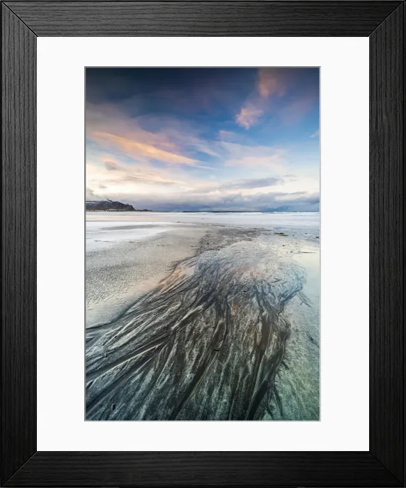 Framed Print : Sunset over the black sand of Skagsanden beach covered with ice in winter, Flakstad Framed Print : Sunset over the black sand of Skagsanden beach covered with ice in winter, Flakstad