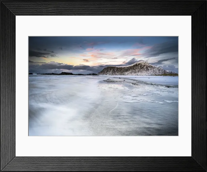 Framed Print : Sunset over frozen waves of the Arctic Sea, Skagsanden beach, Flakstad, Nordland county Framed Print : Sunset over frozen waves of the Arctic Sea, Skagsanden beach, Flakstad, Nordland county