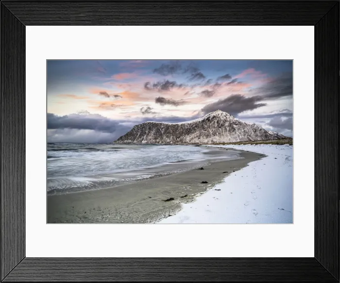 Framed Print : Clouds at sunset over mountain peak covered with snow and icy Skagsanden beach, Flakstad Framed Print : Clouds at sunset over mountain peak covered with snow and icy Skagsanden beach, Flakstad