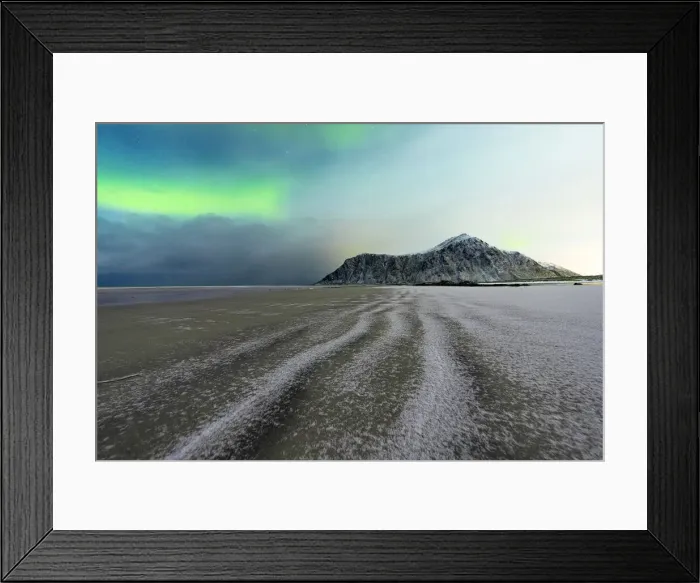 Framed Print : Frozen sand of Skagsanden beach under northern lights (aurora borealis) in winter Framed Print : Frozen sand of Skagsanden beach under northern lights (aurora borealis) in winter