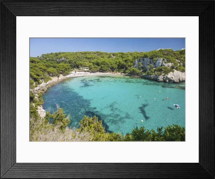 Framed Print : View over the turquoise waters of Cala Macarella to pine-fringed sandy beach Framed Print : View over the turquoise waters of Cala Macarella to pine-fringed sandy beach
