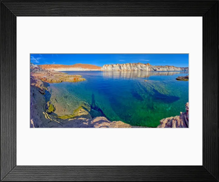 Framed Print : The emerald blue waters of Lake Powell just north of the Glen Canyon Dam in an area Framed Print : The emerald blue waters of Lake Powell just north of the Glen Canyon Dam in an area