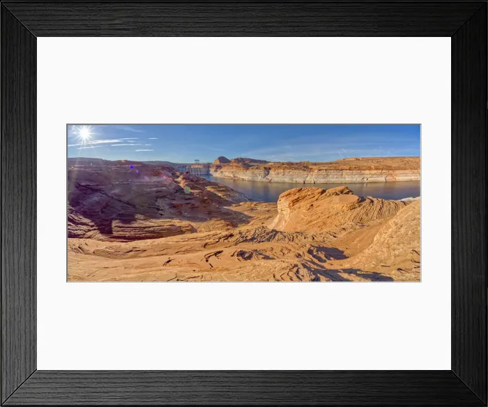 Framed Print : Wide angle view of Glen Canyon Dam from the wavy sandstone mesa of an area called Framed Print : Wide angle view of Glen Canyon Dam from the wavy sandstone mesa of an area called