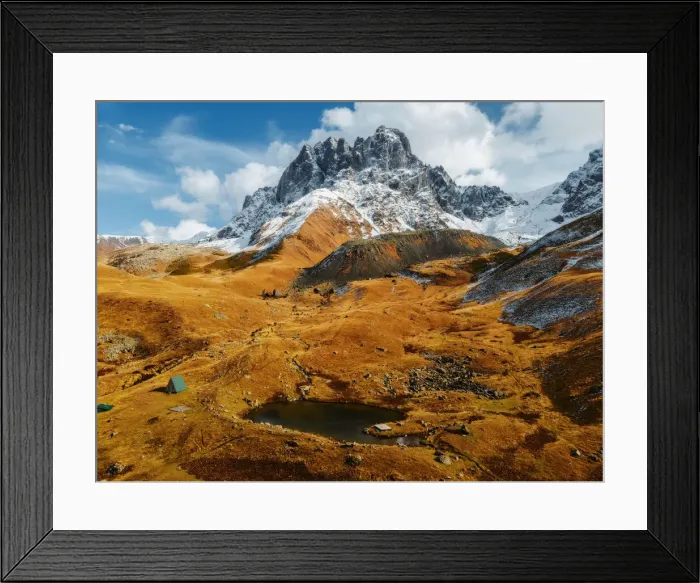 Framed Print : Aerial view of Chaukhi Lake and Mount Chaukhi, Juta Valley, Kazbegi, Georgia (Sakartvelo) Framed Print : Aerial view of Chaukhi Lake and Mount Chaukhi, Juta Valley, Kazbegi, Georgia (Sakartvelo)
