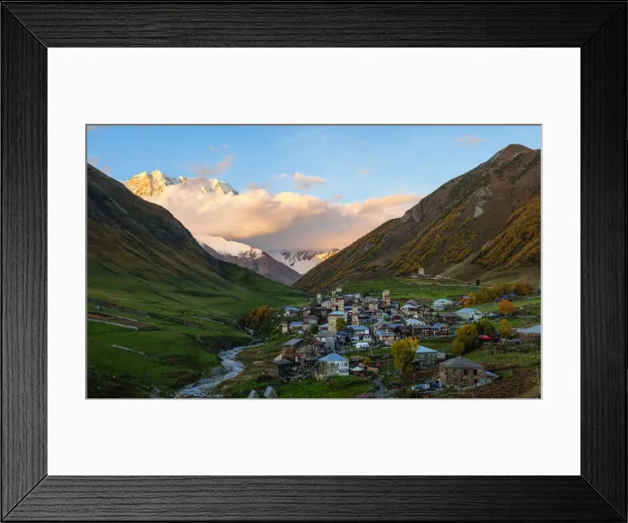 Framed Print : Sunset view of Ushguli, with Mount Shkhara covered in cloud, Mestia Framed Print : Sunset view of Ushguli, with Mount Shkhara covered in cloud, Mestia