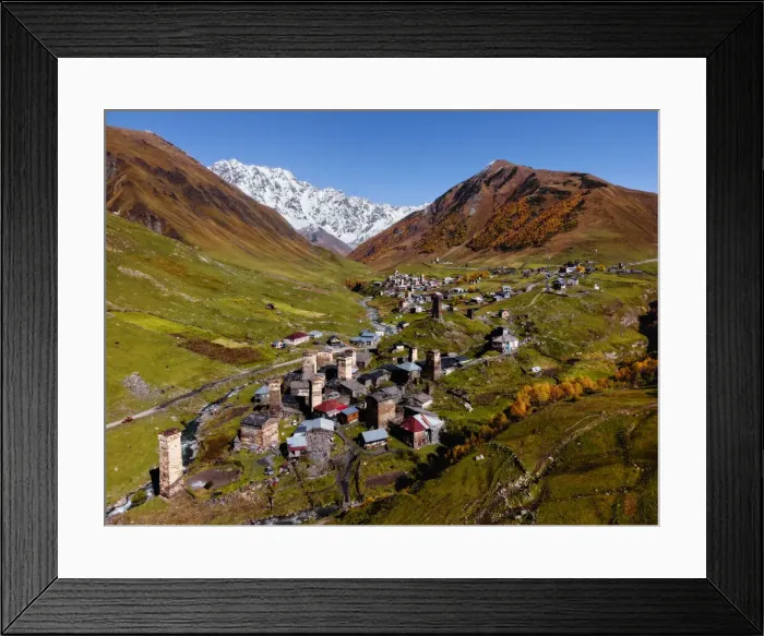 Framed Print : Aerial landscape view of Ushguli, with Mount Shkhara, Ushguli, Mestia, Svaneti Framed Print : Aerial landscape view of Ushguli, with Mount Shkhara, Ushguli, Mestia, Svaneti
