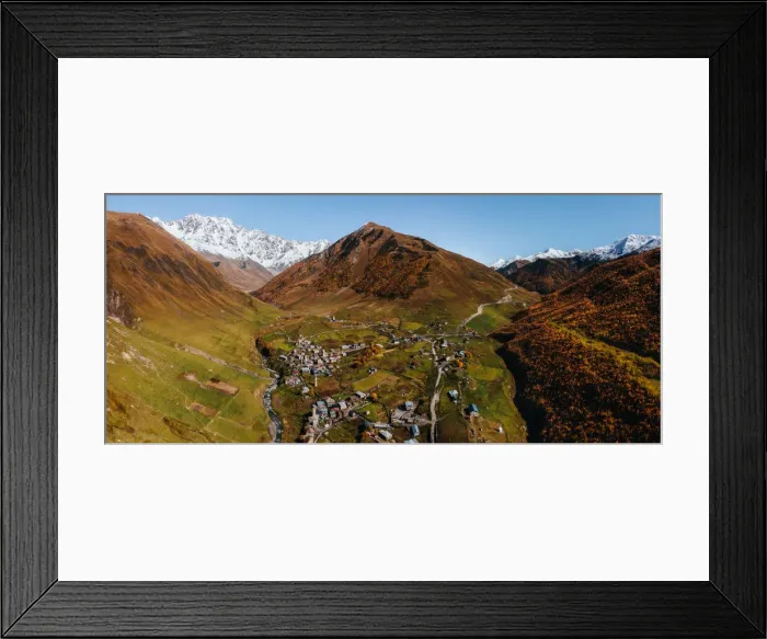 Framed Print : Landscape panoramic view of Ushguli, with Mount Shkhara in the background, Mestia Framed Print : Landscape panoramic view of Ushguli, with Mount Shkhara in the background, Mestia
