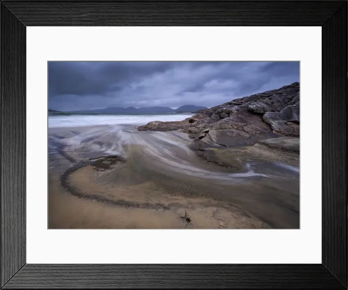 Framed Print : Swirling Wave Patterns at Luskentyre Beach backed by the Harris Hills, Isle of Harris Framed Print : Swirling Wave Patterns at Luskentyre Beach backed by the Harris Hills, Isle of Harris