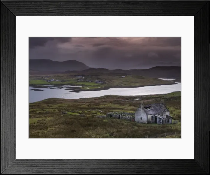Framed Print : Abandoned Croft backed by Loch Eireasort and the Harris Hills, near Baile Ailein Framed Print : Abandoned Croft backed by Loch Eireasort and the Harris Hills, near Baile Ailein