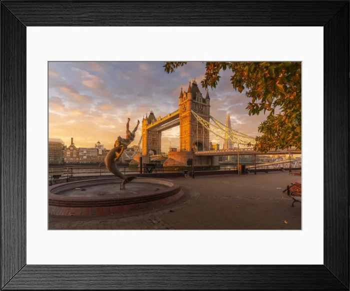 Framed Print : View of Tower Bridge, Girl with Dolphin, The Shard and River Thames at sunrise, London Framed Print : View of Tower Bridge, Girl with Dolphin, The Shard and River Thames at sunrise, London