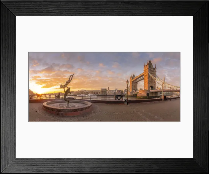 Framed Print : Panoramic view of Tower Bridge, Girl with Dolphin, The Shard and River Thames at sunrise Framed Print : Panoramic view of Tower Bridge, Girl with Dolphin, The Shard and River Thames at sunrise