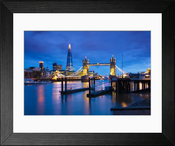 Framed Print : Tower Bridge and The Shard at sunset with a low tide on the River Thames, London, England Framed Print : Tower Bridge and The Shard at sunset with a low tide on the River Thames, London, England