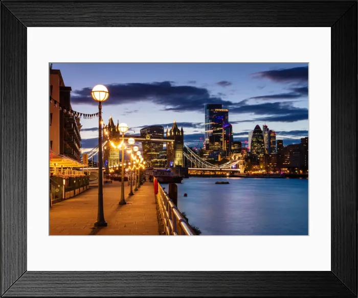 Framed Print : Tower Bridge and The City at sunset from Shad Thames, London, England, United Kingdom