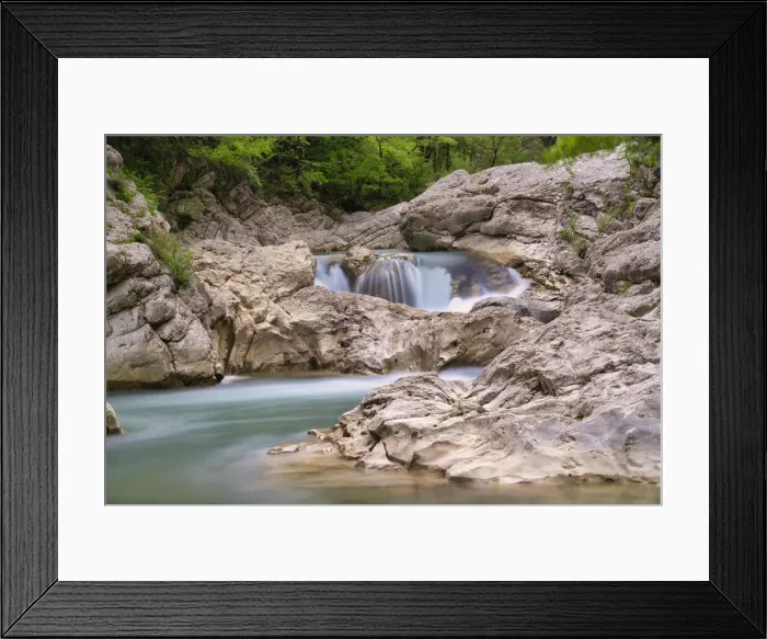 Framed Print : Waterfall on river Burano in summer, Apennines, Marche, Italy, Europe Framed Print : Waterfall on river Burano in summer, Apennines, Marche, Italy, Europe