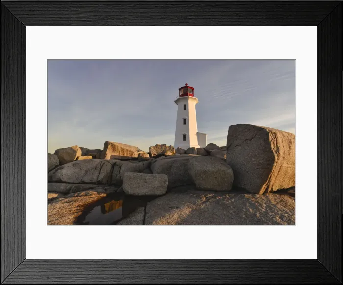 Framed Print : Lighthouse in Peggys Cove at sunrise, Nova Scotia, Canada, North America
