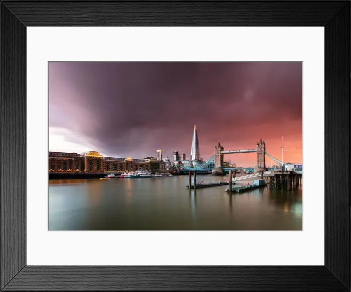 Framed Print : Tower Bridge and The Shard at sunset with storm clouds, London, England, United Kingdom