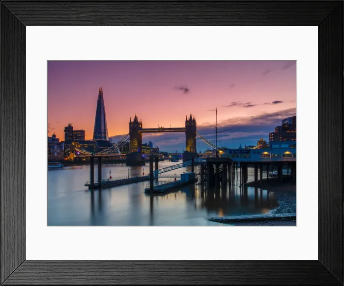 Framed Print : Tower Bridge and The Shard at sunset with a low tide on the River Thames, London, England