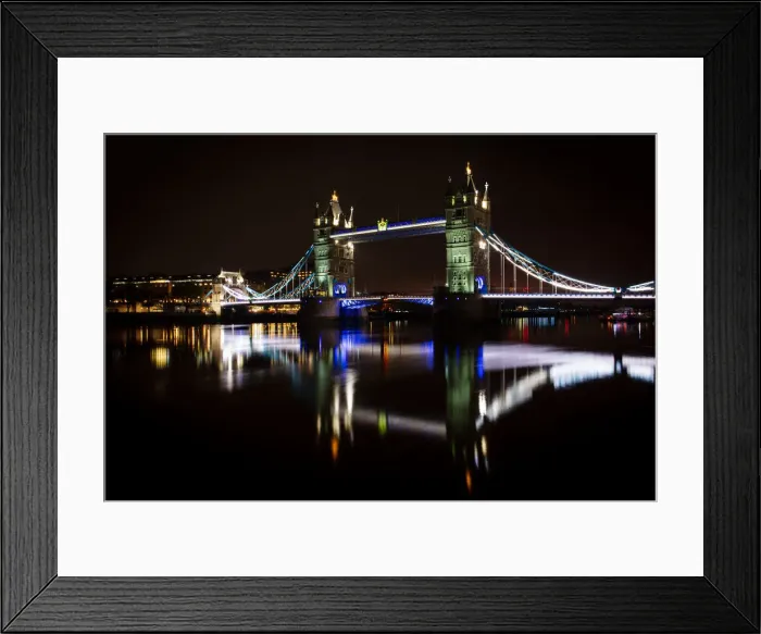 Framed Print : Tower Bridge and reflections in the River Thames at night, London, England