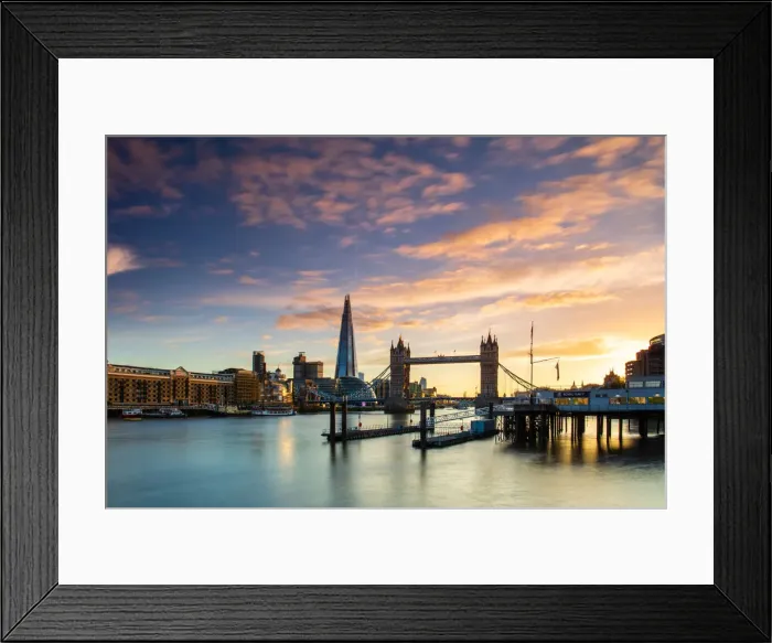 Framed Print : Tower Bridge, Butlers Wharf and The Shard at sunset taken from Wapping, London Framed Print : Tower Bridge, Butlers Wharf and The Shard at sunset taken from Wapping, London