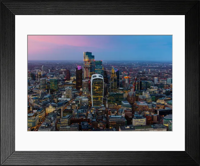 Framed Print : City of London skyscrapers at dusk, including Walkie Talkie building, from above, London Framed Print : City of London skyscrapers at dusk, including Walkie Talkie building, from above, London
