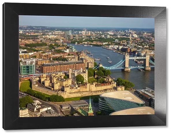 River Thames, Tower of London and Tower Bridge from above, London, England
