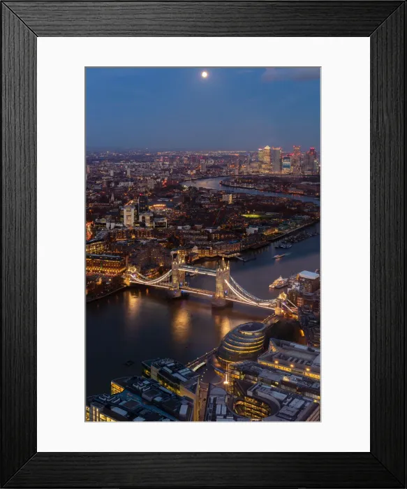 Framed Print : River Thames, Tower Bridge and Canary Wharf from above at dusk with moon, London, England