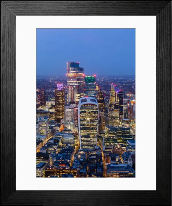 Framed Print : City of London skyscrapers at dusk, including Walkie Talkie building, from above, London Framed Print : City of London skyscrapers at dusk, including Walkie Talkie building, from above, London